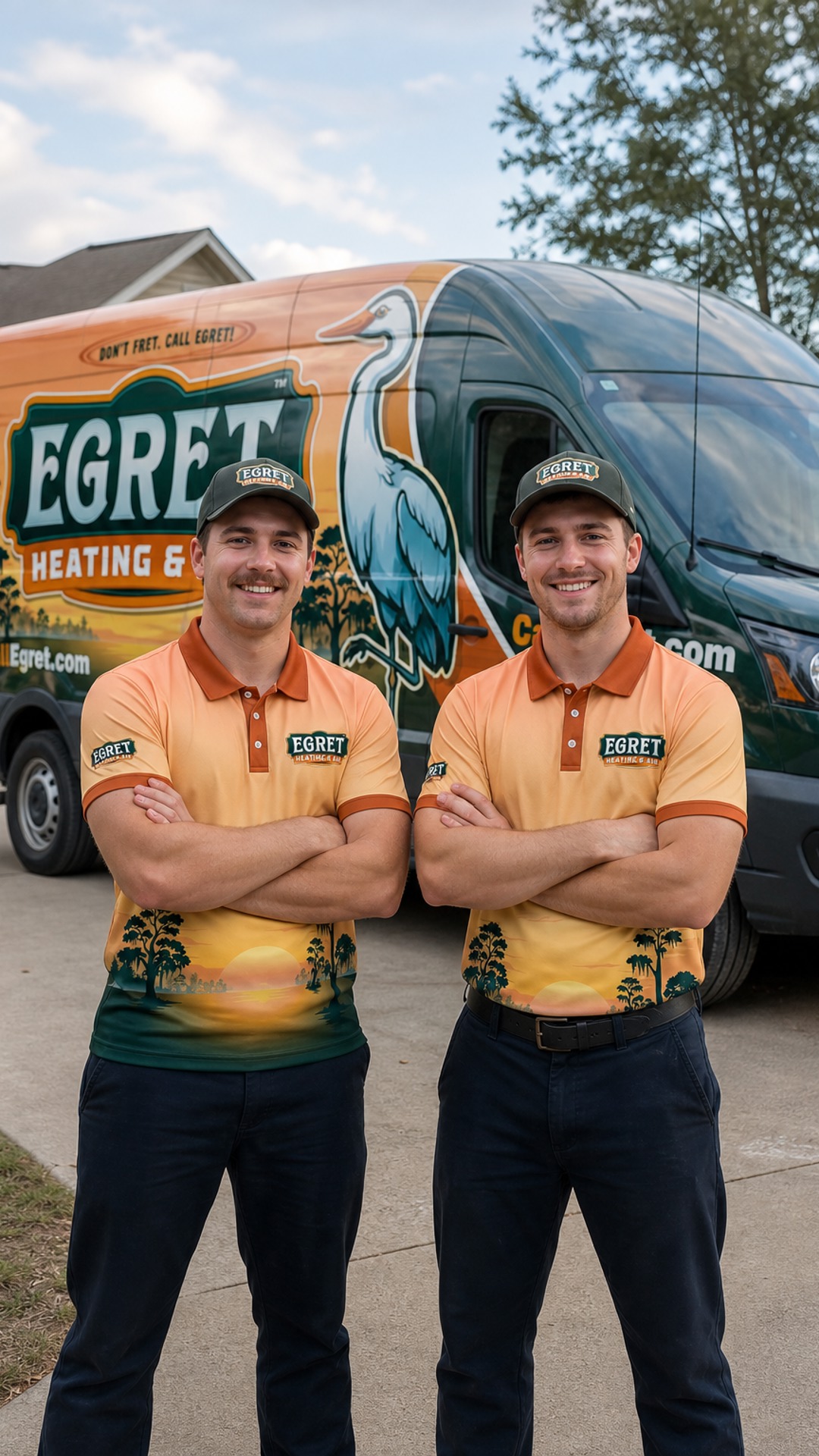 Egret team member greeting a customer beside a branded service van.
