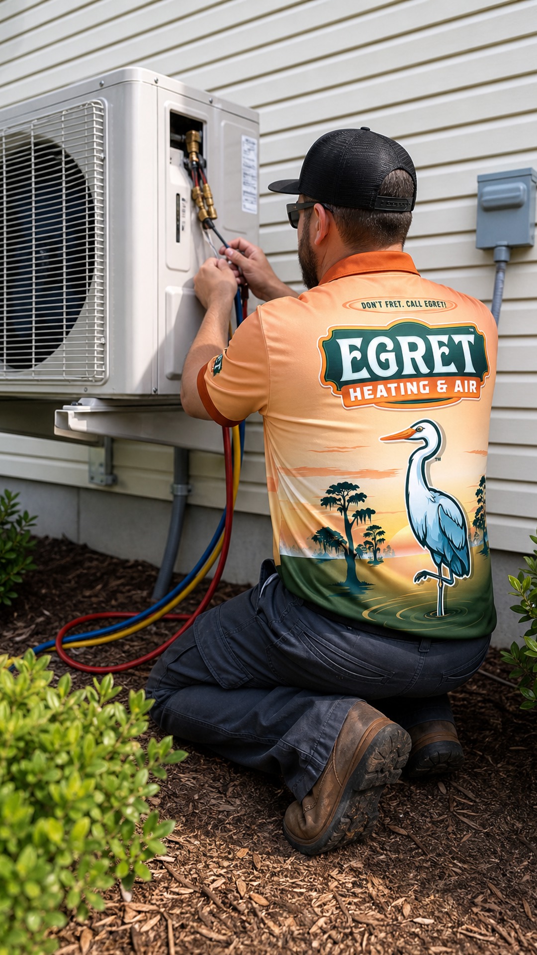 Egret technician checking air conditioning equipment with gauges.