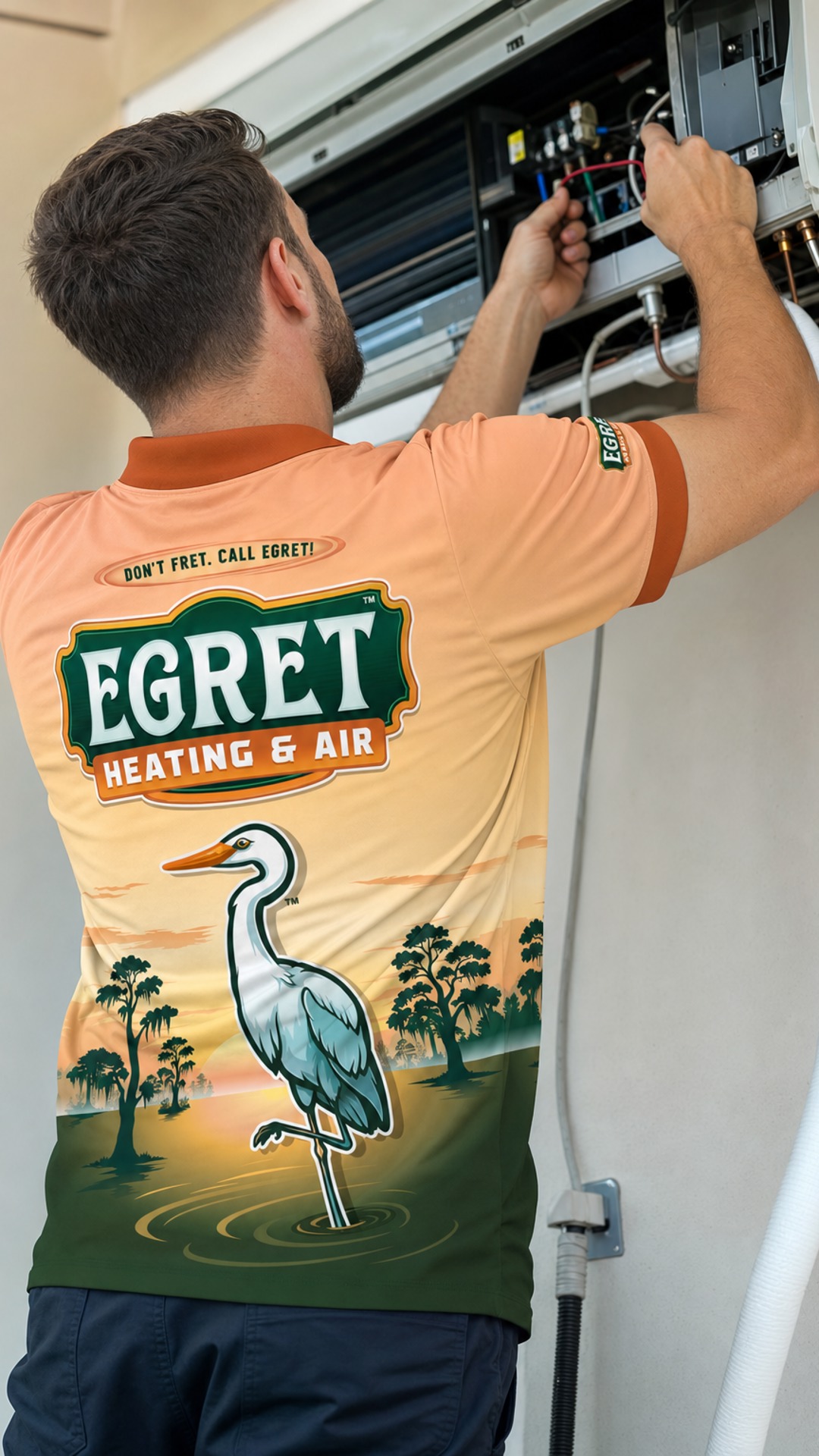Egret technician servicing indoor HVAC equipment during AC maintenance.