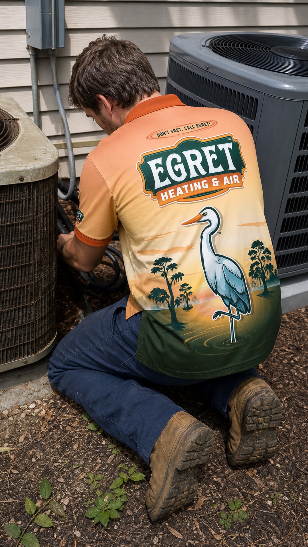 Egret technician preparing an outdoor AC condenser replacement.