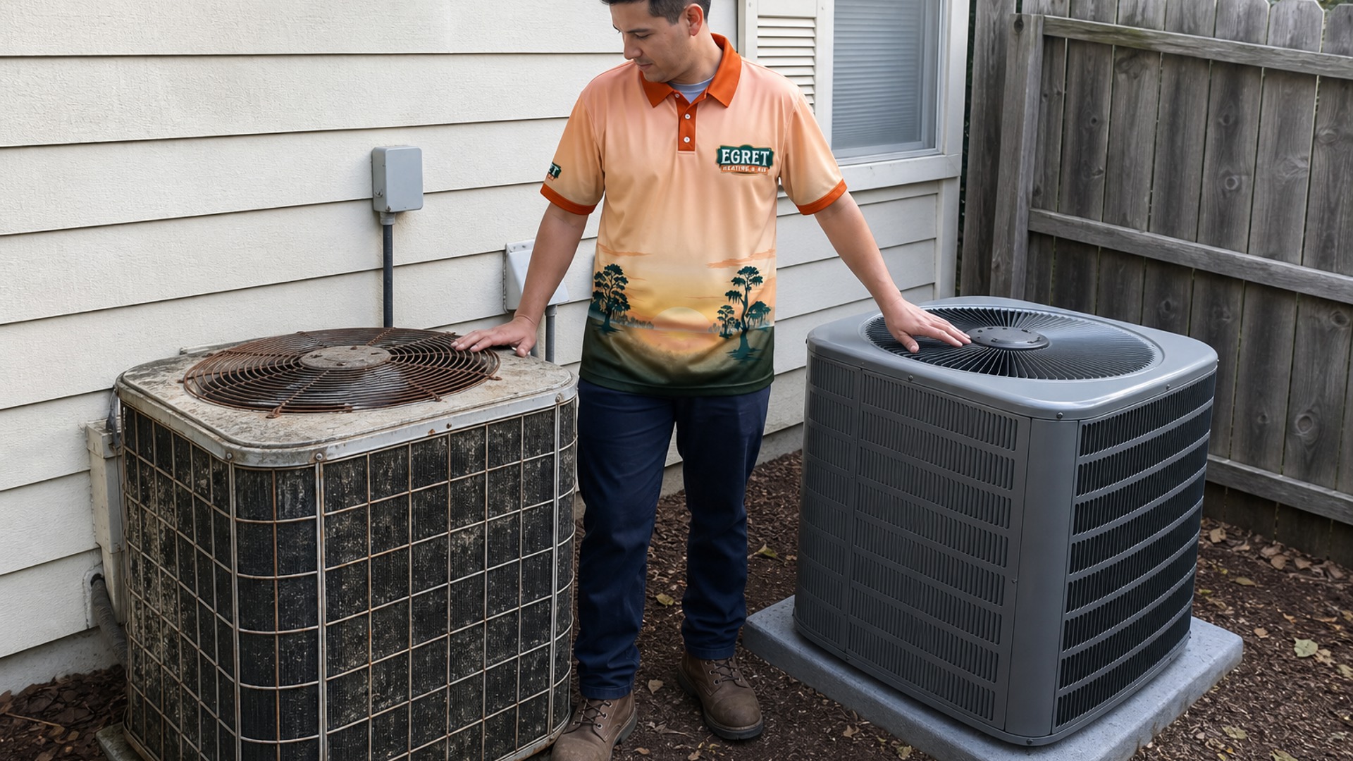 Egret technician comparing an old outdoor AC unit with a replacement condenser.