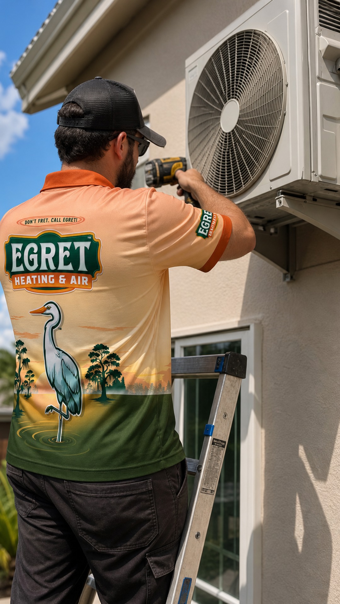 Egret technician working on a wall-mounted air conditioning unit.