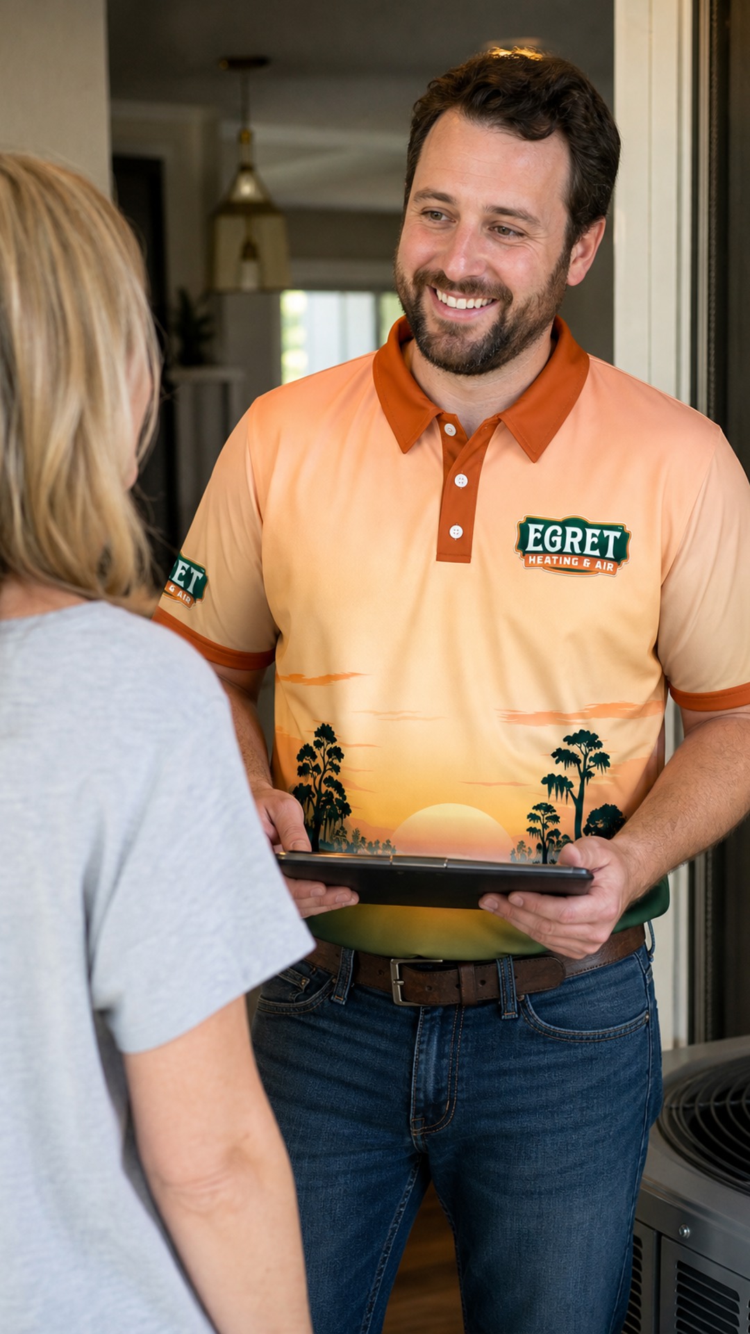Egret technician speaking with a homeowner during an emergency AC visit.