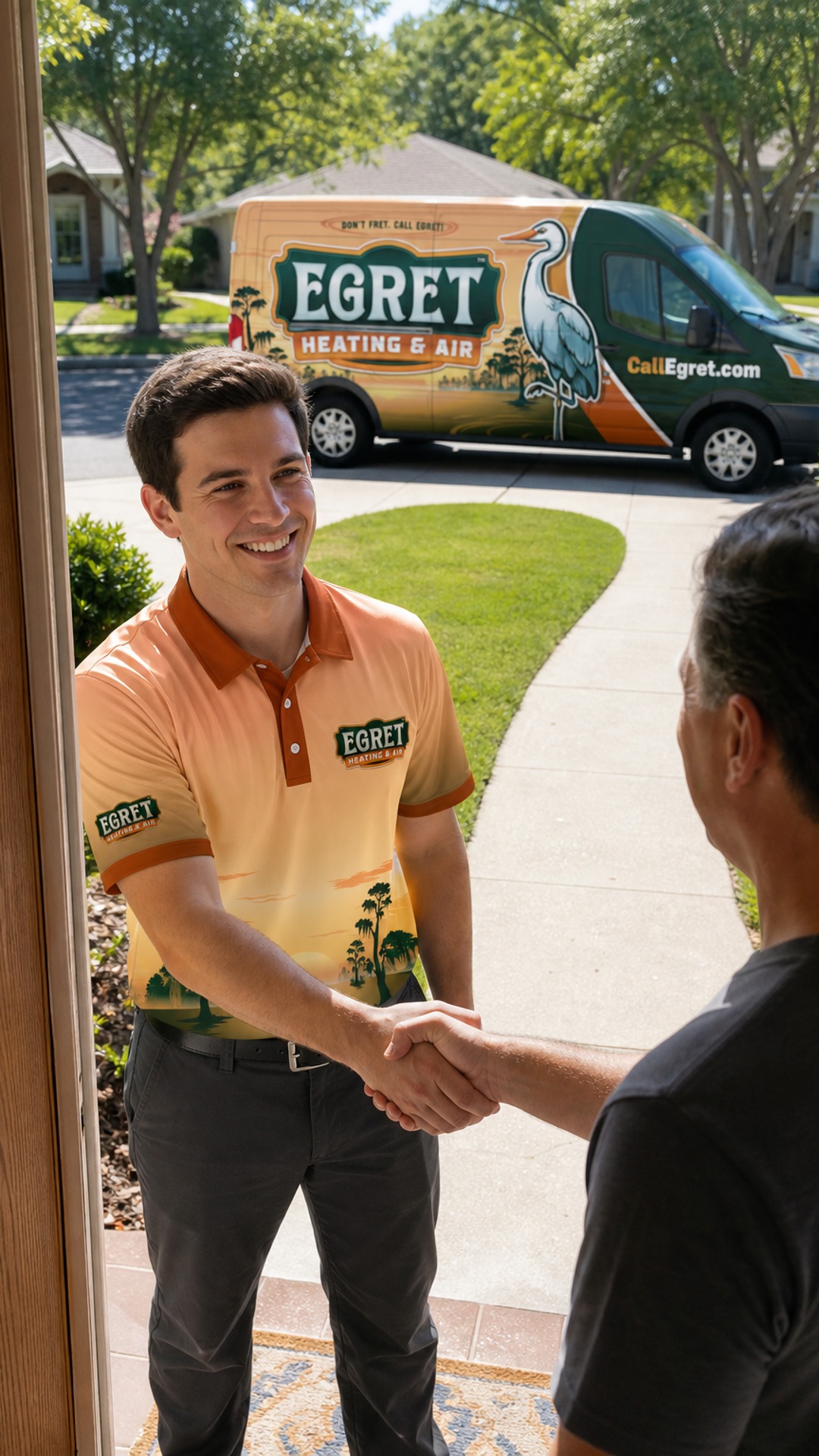 Egret technician greeting a homeowner during an emergency heating visit.