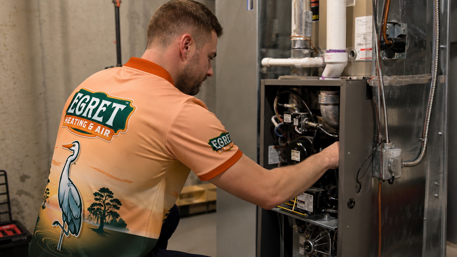 Egret technician performing heating system maintenance.
