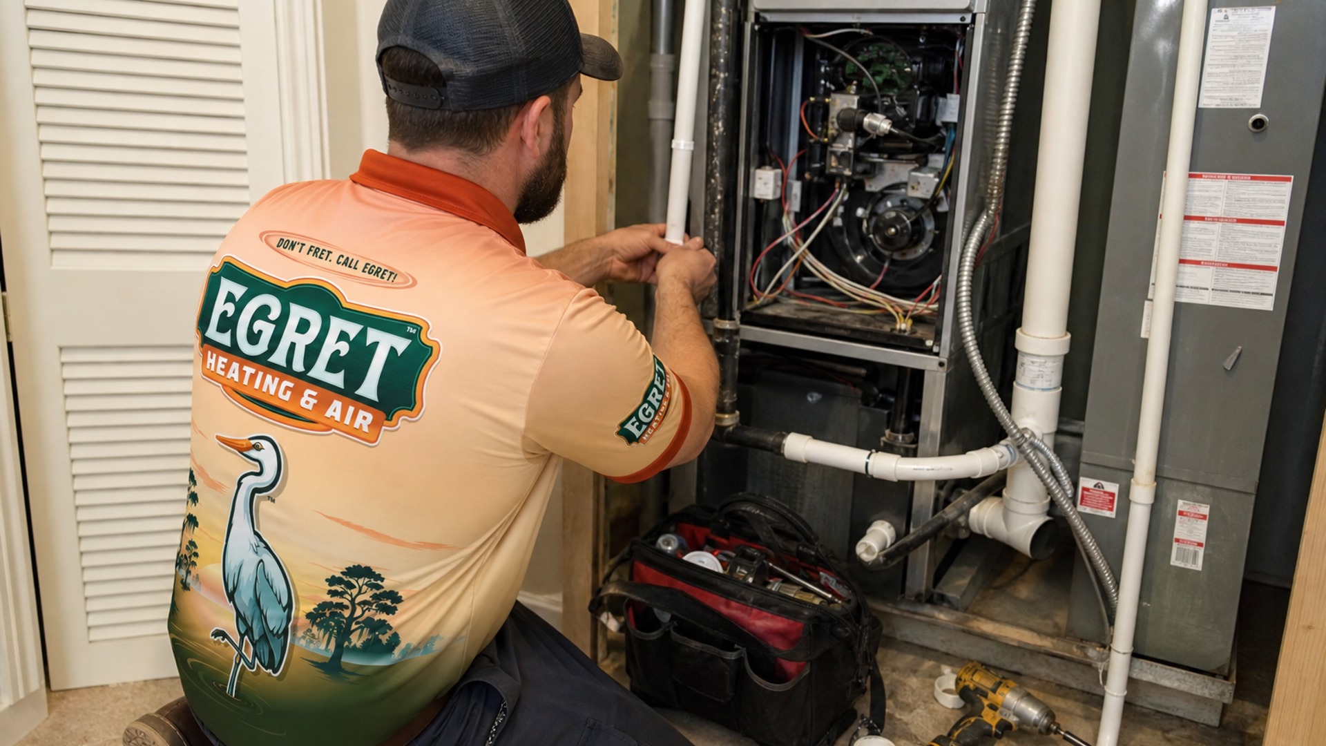 Egret technician servicing indoor mechanical equipment.