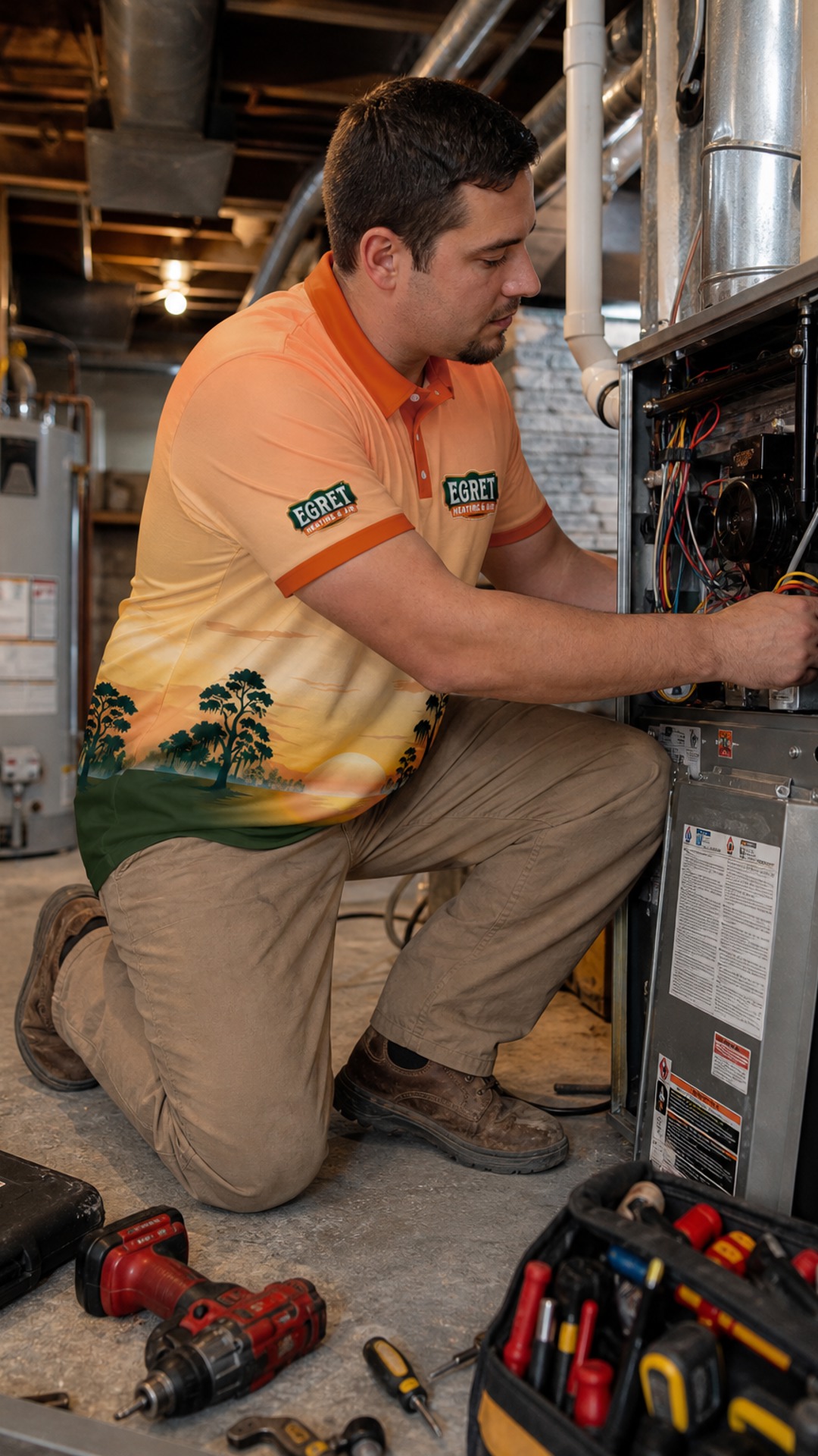 Egret technician diagnosing a heating system.