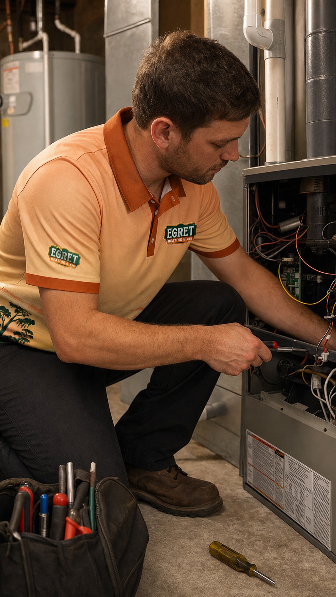 Egret technician inspecting indoor heating equipment.