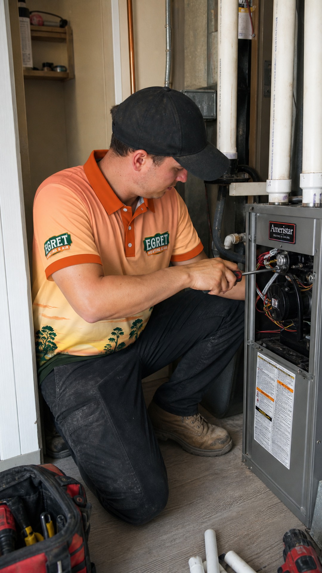 Egret technician preparing indoor heating equipment for replacement.