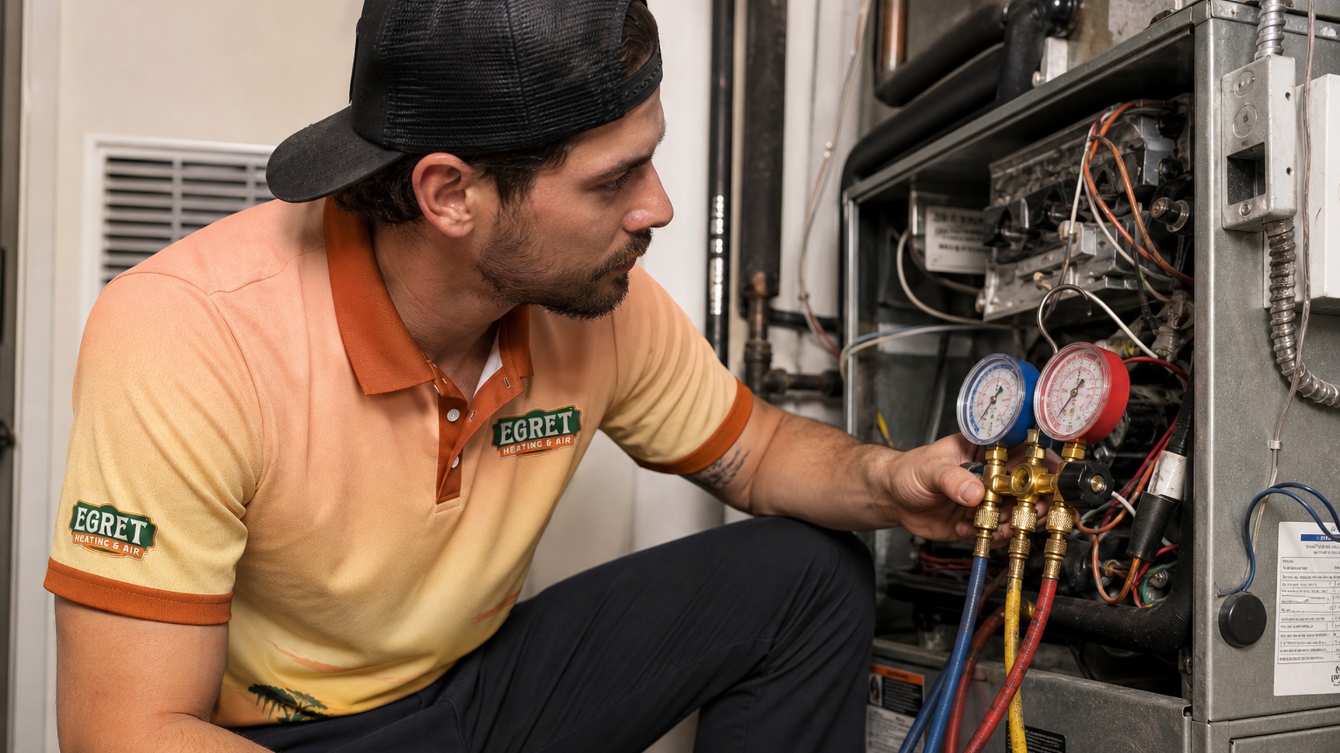 Egret technician diagnosing cooling equipment in St. John the Baptist Parish.