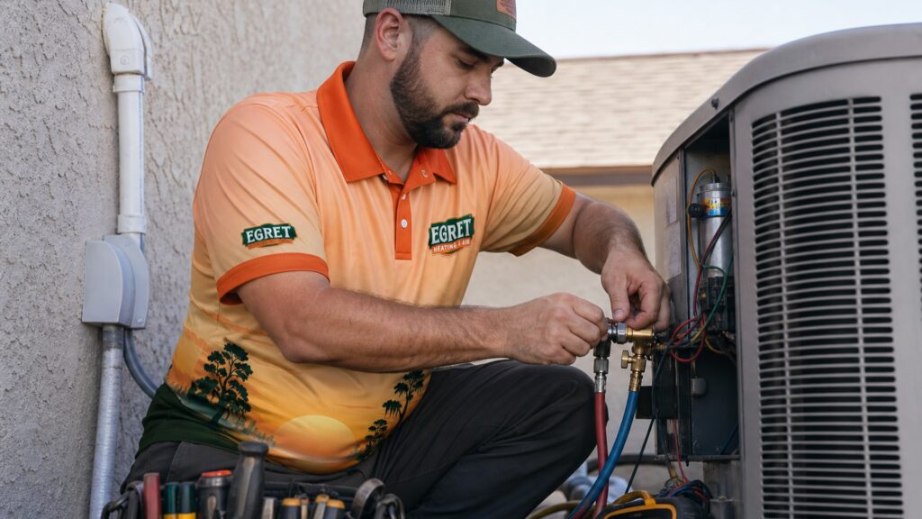 Egret technician performing outdoor AC maintenance.