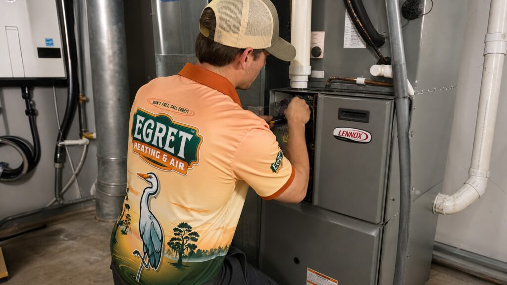 Egret technician working on clean HVAC installation details at indoor equipment.