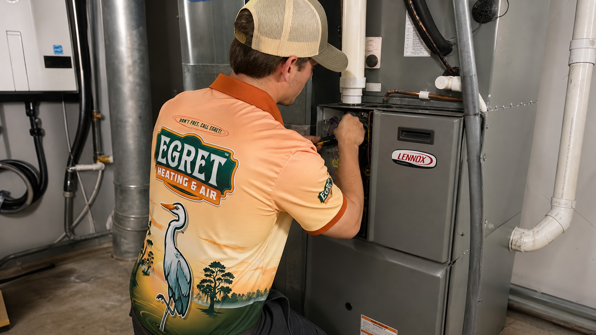 Egret technician working on clean HVAC installation details at indoor equipment.