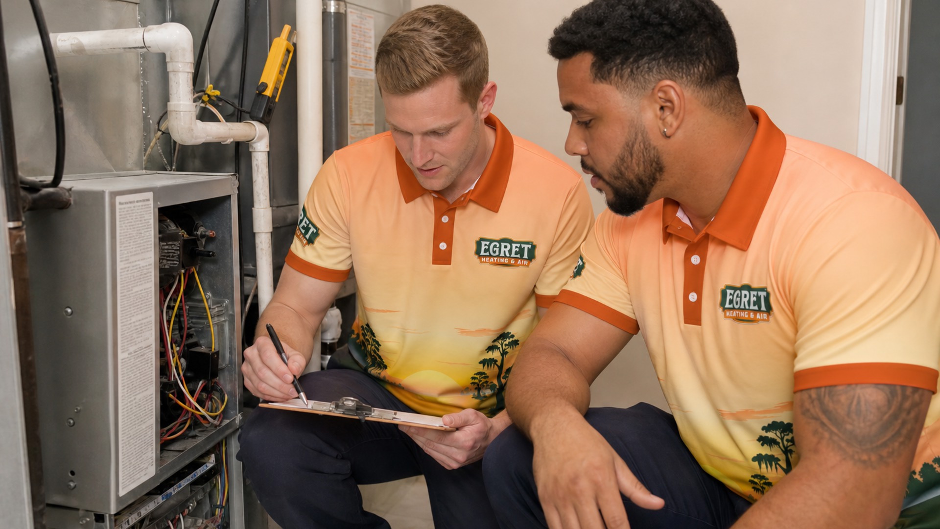 Egret technicians reviewing HVAC service findings together.